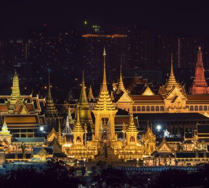 Top view Scene of Construction site of the Royal funeral pyre for King Bhumibol Adulyadejaadej at twilight in Bangkok, Thailand.